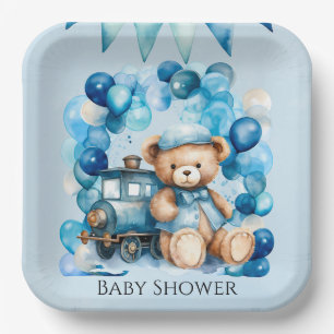 Teddy Bear Blue Train Boy Baby Shower Paper Plate