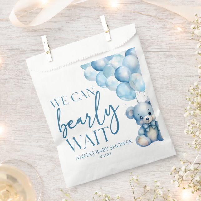 Teddy Bear Blue We Can Bearly Wait Baby Shower Favour Bag (Clipped)