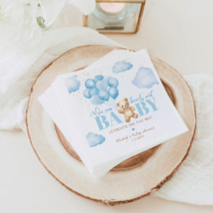 Teddy bear blue we can bearly wait baby shower napkin