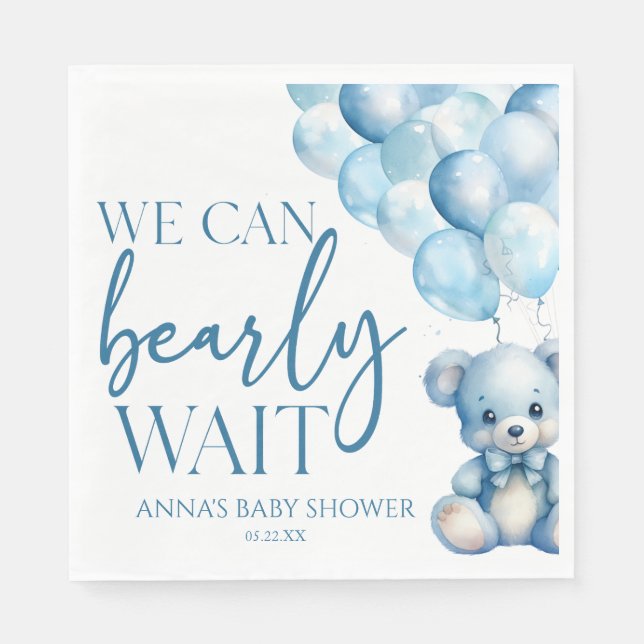 Teddy Bear Blue We Can Bearly Wait Baby Shower Napkin (Front)