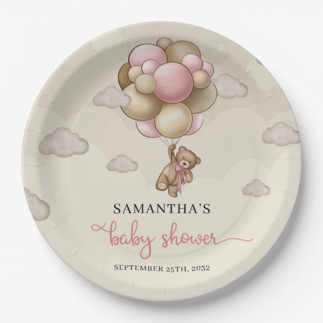 Teddy bear blush brown ivory balloons baby shower paper plate (Front)