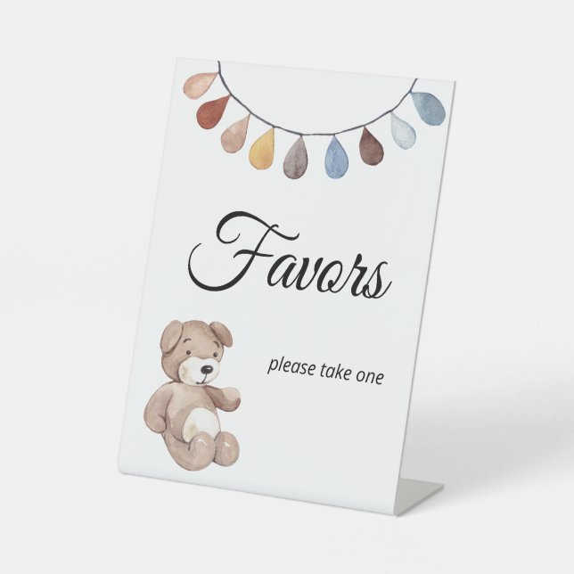 Teddy Bear Boho Baby Shower Favour Tablescape Pedestal Sign (Front)
