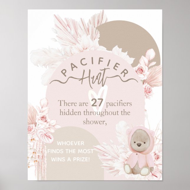 Teddy Bear Boho baby shower Pacifier Hunt game Poster (Front)