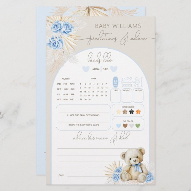 Teddy Bear Boho Blue Baby Shower Prediction Game (Front/Back)