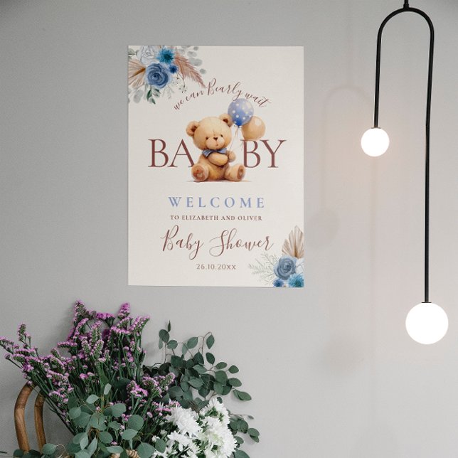 Teddy Bear Boho Blue Rose Balloon Baby Shower Poster (Creator Uploaded)