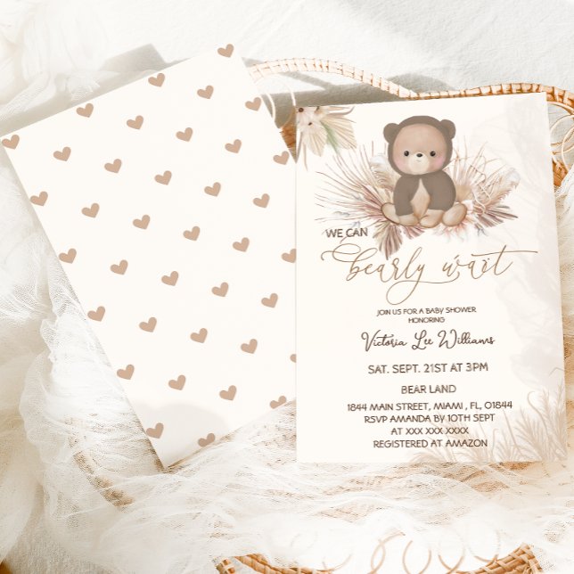 Teddy Bear Boho Pampas Brown Baby Shower Invitation (Creator Uploaded)