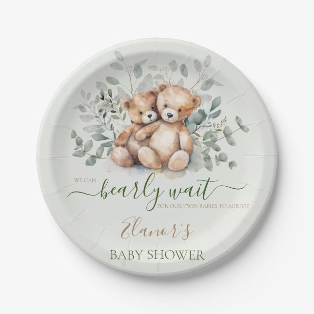 Teddy Bear Boho Twins Gender Neutral Baby Shower Paper Plate (Front)