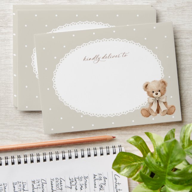 Teddy Bear, Bow, Beige Polka Dots, First Birthday Envelope (Stacked)