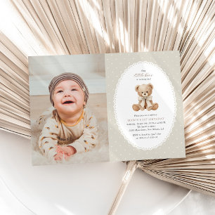 Teddy Bear, Bow, Beige Polka Dots, First Birthday Invitation
