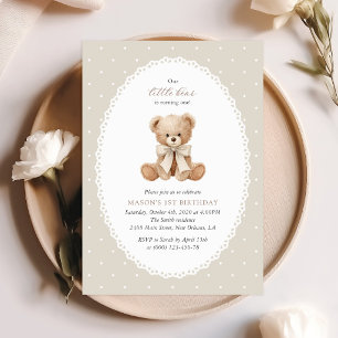 Teddy Bear, Bow, Beige Polka Dots, First Birthday Invitation