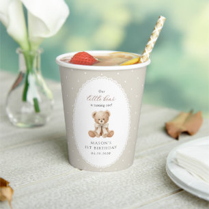 Teddy Bear, Bow, Beige Polka Dots, First Birthday Paper Cups