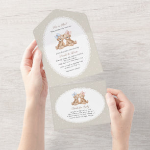 Teddy Bear, Bow, Beige Polka Dots, Gender Reveal All In One Invitation