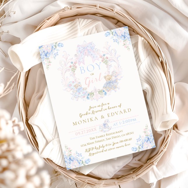 Teddy Bear Bow Floral Boy or Girl Gender Reveal Invitation (Creator Uploaded)