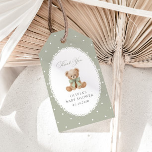 Teddy Bear, Bow, Green Polka Dots, Baby Shower Gift Tags
