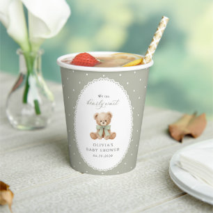 Teddy Bear, Bow, Green Polka Dots, Baby Shower Paper Cups