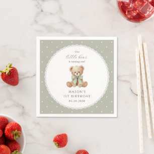 Teddy Bear, Bow, Green Polka Dots, First Birthday Napkin