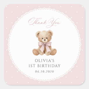 Teddy Bear, Bow, Pink Polka Dots, First Birthday Square Sticker
