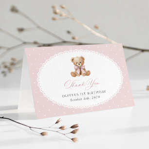 Teddy Bear, Bow, Pink Polka Dots, First Birthday Thank You Card