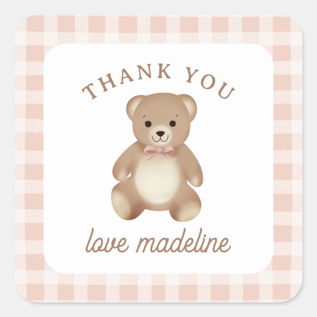 Teddy Bear Bow Stuffy Gingham Aged Pink Baby Square Sticker (Front)