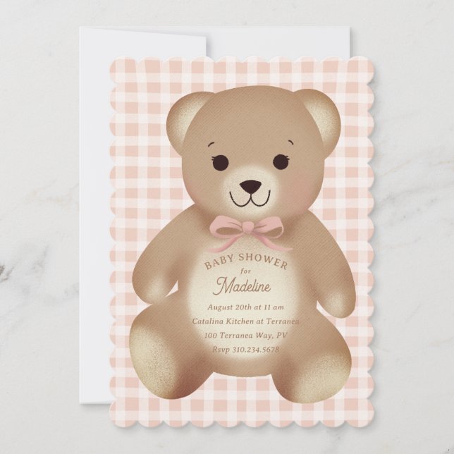 Teddy Bear Bow Stuffy Gingham Aged Pink Invitation (Front)
