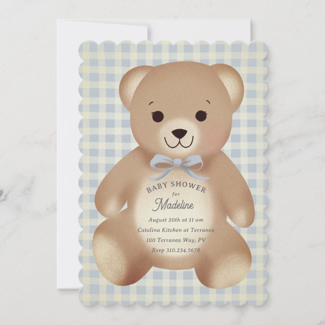 Teddy Bear Bow Stuffy Gingham Antique Blue Invitation (Front)