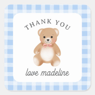 Teddy Bear Bow Stuffy Gingham Blue Pink Baby Square Sticker