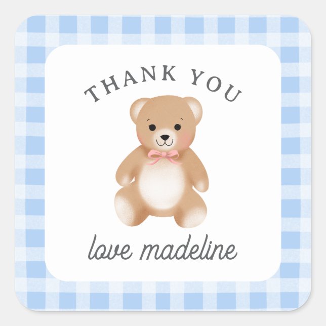 Teddy Bear Bow Stuffy Gingham Blue Pink Baby Square Sticker (Front)