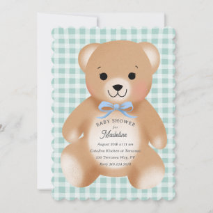Teddy Bear Bow Stuffy Gingham Blue Sage Invitation