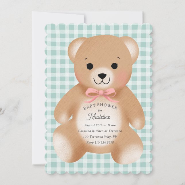Teddy Bear Bow Stuffy Gingham Sage Pink Invitation (Front)