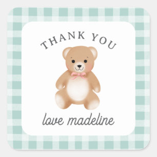 Teddy Bear Bow Stuffy Gingham Sage Pink Square Sticker