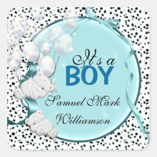Teddy bear boy baby announcement square sticker