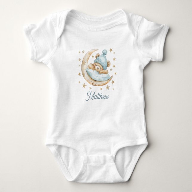Teddy Bear Boy Baby Moon Stars Name Blue Baby Bodysuit (Front)