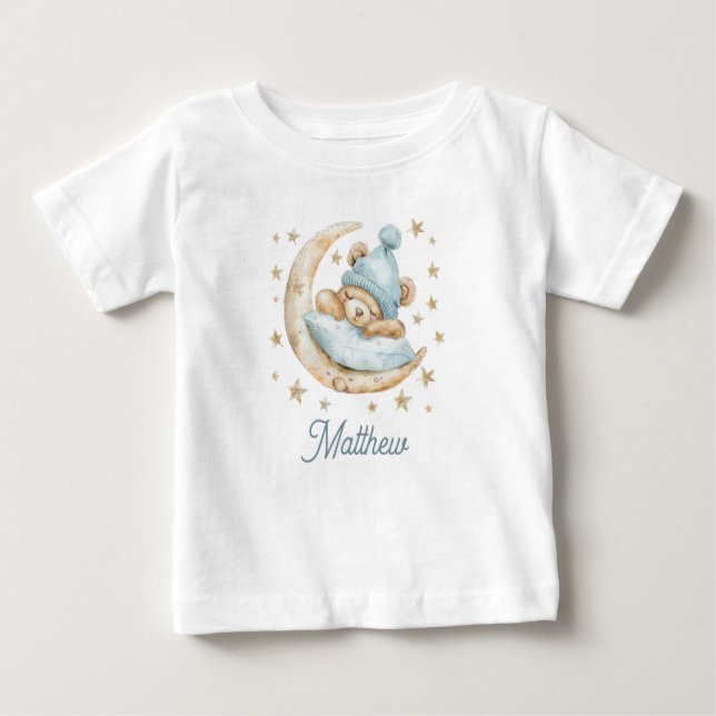 Teddy Bear Boy Baby Moon Stars Name Blue T-Shirt (Front)