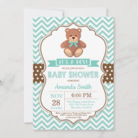 Teddy Bear Boy Baby Shower Aqua Chevron