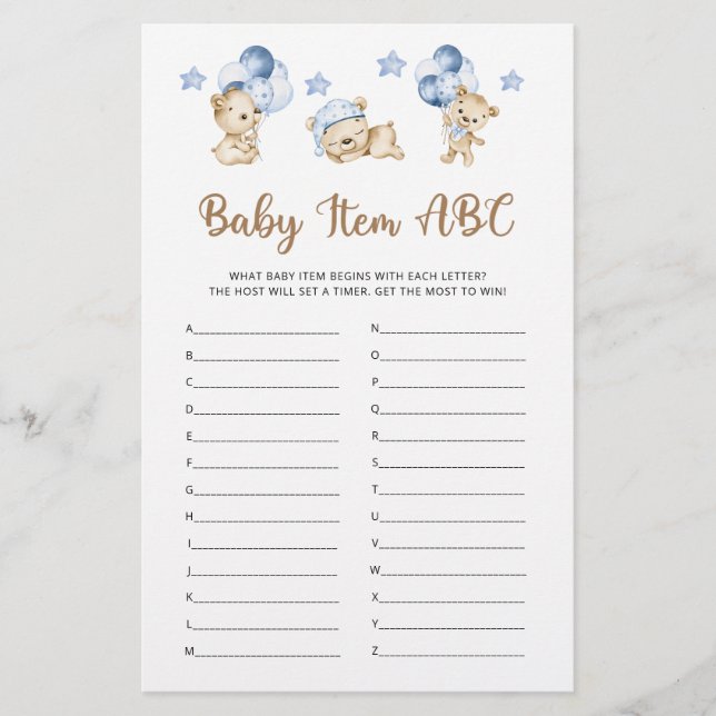 Teddy bear boy baby shower Baby Item ABC Game  (Front)