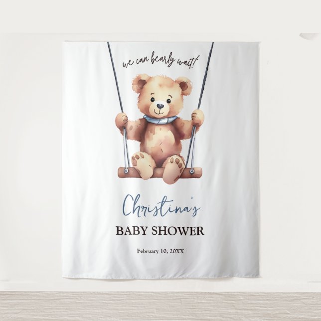 Teddy Bear Boy Baby Shower Backdrop Tapestry (Front)