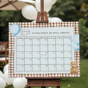 Teddy Bear Boy Baby Shower Blue Due Date Calendar Poster