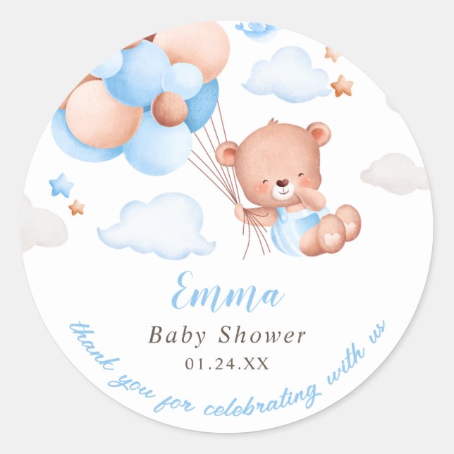 Teddy Bear Boy Baby Shower Classic Round Sticker (Front)
