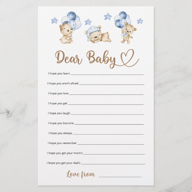 Teddy bear boy baby shower Dear Baby Wishes (Front)