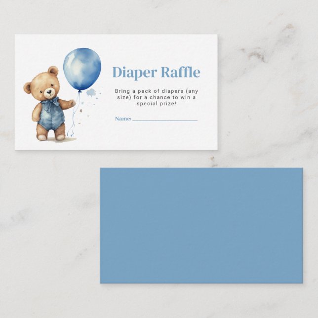 Teddy Bear Boy Baby Shower Diaper Raffle Ticket Card (Front/Back)