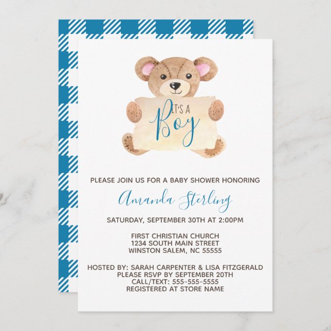 Teddy bear boy baby shower invitation (Front/Back)