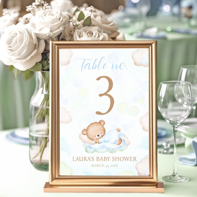 Teddy Bear Boy Baby Shower Table Number Sign (Teddy Bear Boy Baby Shower Table Number Sign)