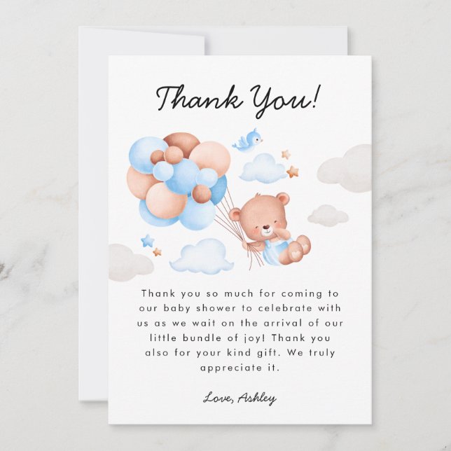 Teddy Bear Boy Baby Shower Thank You Card (Front)