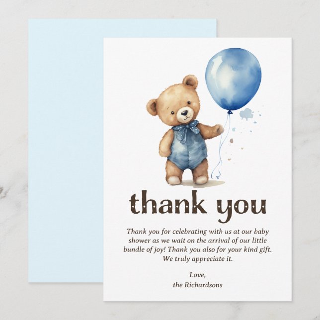 Teddy Bear Boy Baby Shower Thank You Card (Front/Back)