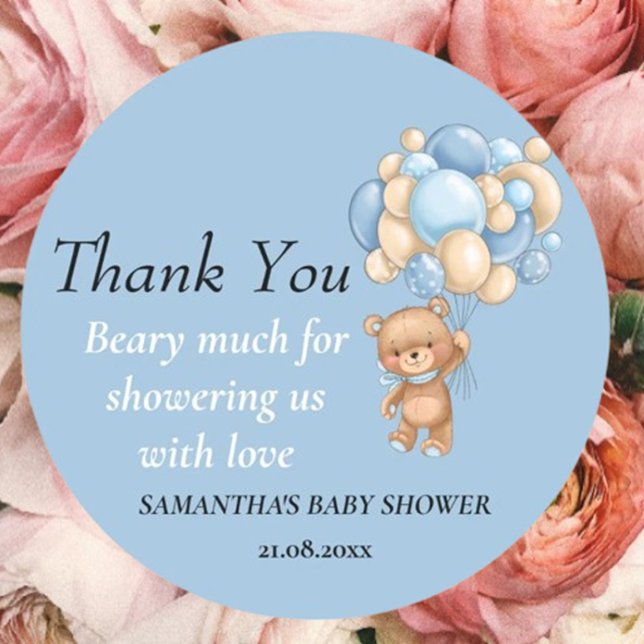 Teddy Bear Boy Baby Shower Thank You Theme  Classic Round Sticker (Cute Baby Shower Stickers You’ll Love)