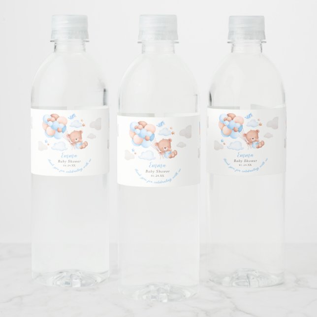 Teddy Bear Boy Baby Shower Water Bottle Label (Bottles)