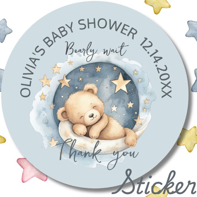 Teddy Bear Boy Bearly Wait Baby Shower Favour Classic Round Sticker (Creator Uploaded)