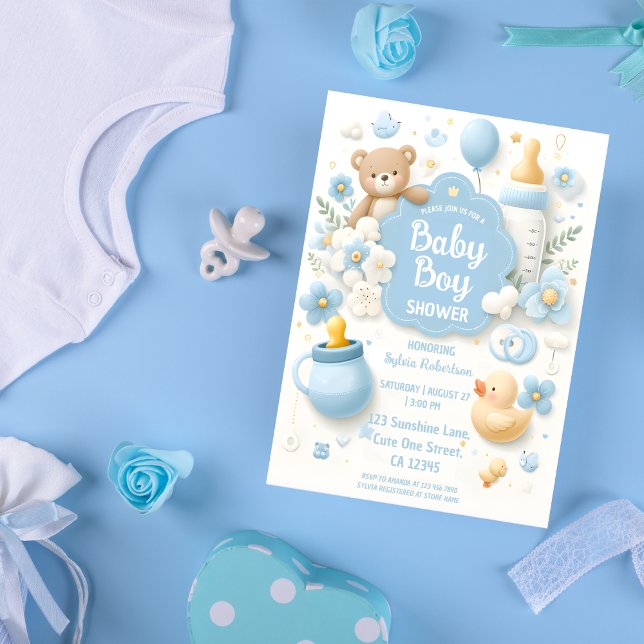 Teddy Bear Boy Blue Baby Shower Invitation (Creator Uploaded)