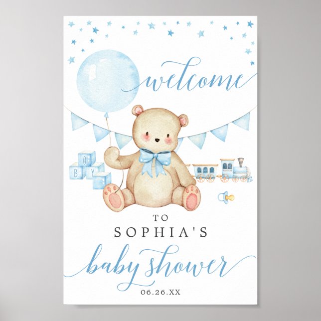 Teddy Bear Boy Blue Baby Shower Welcome Sign (Front)