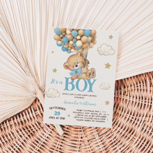 Teddy Bear Boy Blue Balloon Baby Shower Invitation
